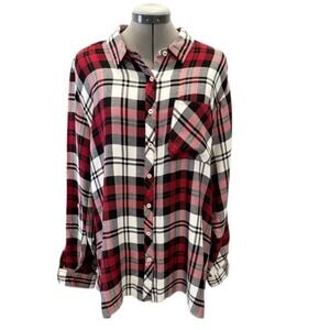 Max Jeans Womens 1X Red Black Plaid‎ Metallic Lurex Button Down Shirt Plus Size